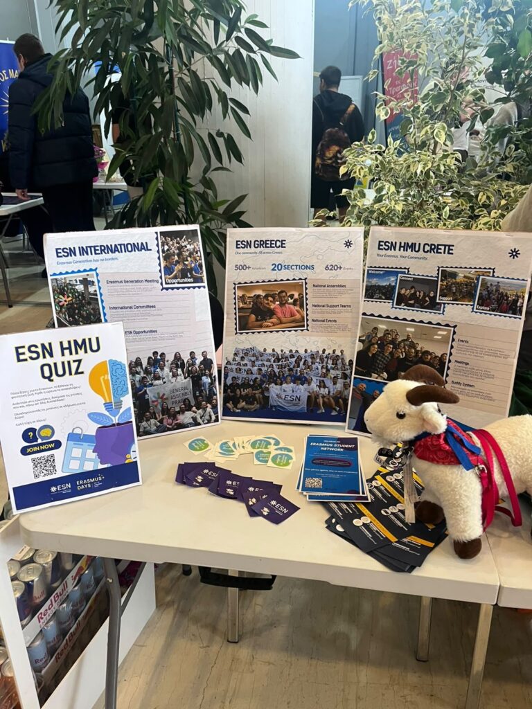 ESN HMU Crete information stand with ESN International, ESN Greece and ESN HMU Crete posters and the ESN HMU Quiz