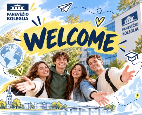 Welcome poster of Panevėžio Kolegija with four smiling students in front of the college building